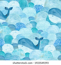 Seamless pattern with waves and whale. Childish texture for fabric, textile in blue colors. Hand drawn background. Watercolor seamless pattern.