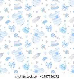 Seamless Pattern Welcome Baby Boy Watercolor. It's A Boy, Newborn, Hello Baby. Baby Clothes, Bodysuit, Bottle, Socks, Booties, Rattle, Pastel, Baby Born. Digital Paper, Print, Scrapbooking, Fabric	