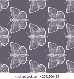 Seamless Pattern With White Butterflies On A Purple Background With A Pencil Drawing Effect