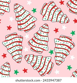 Seamless pattern with white cookies in the shape of a christmas tree on a pink background - Powered by Shutterstock