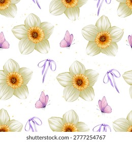 Seamless pattern with white daffodils, ribbons and butterflies. Watercolor style, delicate. Suitable for invitations, poster design, wedding decorations and arrangements