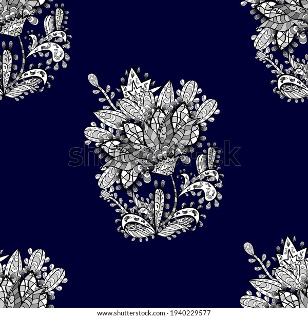seamless pattern with white floral doodles\
elements. Raster\
illustration.