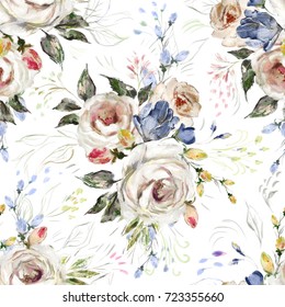 Seamless Pattern With White Flowers And Leaves. Floral Background. Oil Painting Floral Pattern, Flower Rose On Canvas. Tile For Wallpaper Or Fabric.