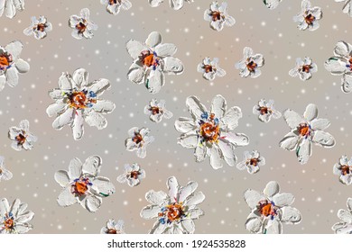 Seamless Pattern With White Flowers Painted With Oil Paint On A Gray Background.