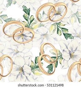 Seamless Pattern Of White Freesia And Wedding Rings. Watercolor Illustration. Hand-drawing. 