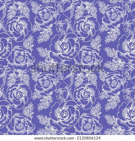Seamless pattern with white linear roses isolated on a lilac (very peri) background. Graphic floral elements in tattoo drawing style. Delicate ornament for fabric, clothes, surfaces, wrapping.