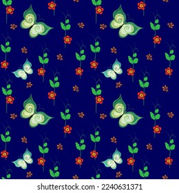 Seamless pattern with white moths and red flowers on a dark blue background for the design of wallpaper, wrapping paper, fabric