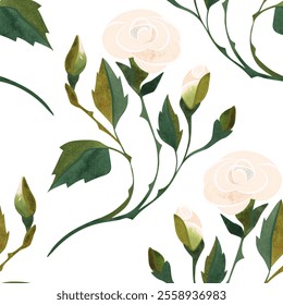 Seamless pattern of white roses. Floral pattern for textiles, women's dress and blouse, wrapping paper, packaging, boxes in feminine and romantic style. Watercolor hand drawn in vintage style. - Powered by Shutterstock