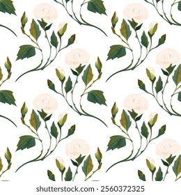 Seamless pattern of white roses. Floral pattern for textiles, women's dress and blouse, wrapping paper, packaging, boxes in feminine and romantic style. Watercolor hand drawn in vintage style. - Powered by Shutterstock