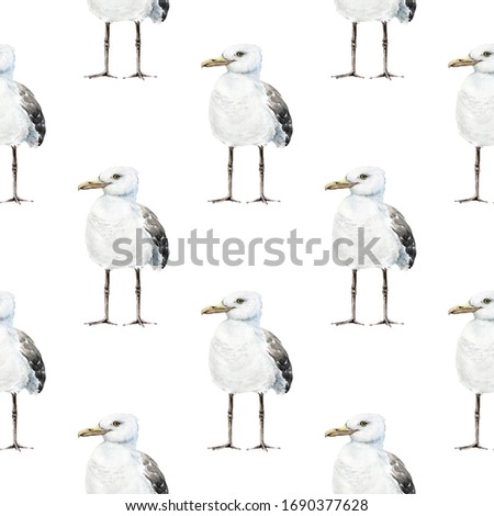 seamless pattern with white seagulls on a light background, watercolor illustration