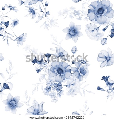 Seamless pattern with wild flowers in indigo tones