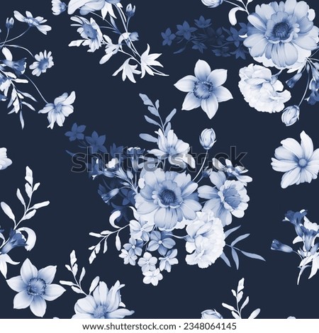Seamless pattern with wild flowers in indigo tones