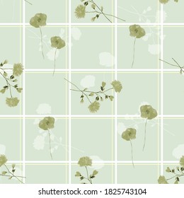 Seamless pattern of wild green and white flowers in a white cell on a light green background. Watercolor