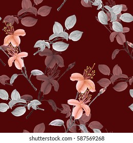 Seamless pattern of wild orange flowers and branches on a deep red background. Watercolor Stock Illustration