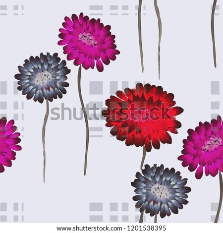 Seamless pattern of wild red, pink, violet flowers on a light blue  background with vertical stripes. Watercolor