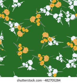 Seamless pattern of wild small white and yellow flowers and bouquets on a dark green background. Watercolor.