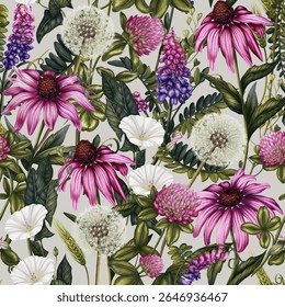 Seamless pattern of wildflowers. Bindweed, echinacea, alfalfa, clover, dandelion. Background of medicinal plants. Print with meadow flowers
