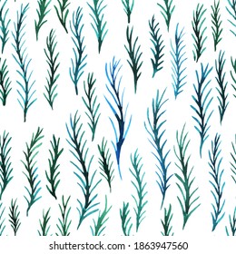 Seamless pattern and wildflowers  herbs   herbs  Thin thin lines silhouettes various plants    lavender  chicory  yarrow  dill  queen anne lace  Blue   green turquoise background 