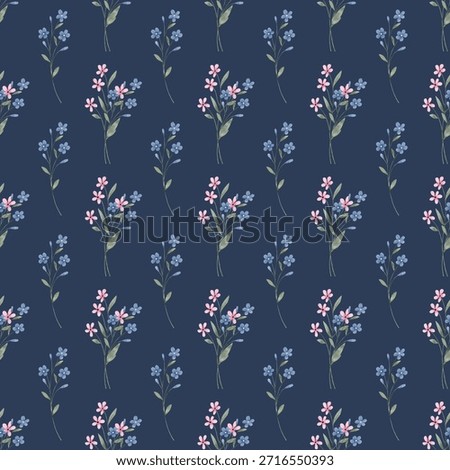 Seamless pattern with wildflowers, repeating paper, dark blue background.. Floral backdrop for textile, fabric, wallpaper. Hand drawn flowers.