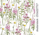 seamless pattern with willowherb and chamomile, fireweed and daisies, field flowers, watercolor drawing wild plants at white background, floral ornament, hand drawn botanical illustration