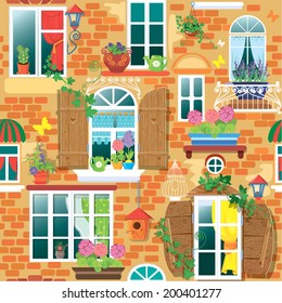 Seamless pattern with Windows and flowers in pots. Summer or spring season. Ready to use as swatch  Raster version