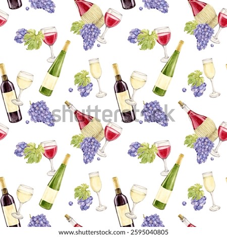 Seamless pattern with wine bottles and lilac berries. Red and white wine in glasses and bottles. Watercolor illustration for wine list, packaging, textiles, perfect for craft winery.