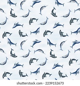 Seamless pattern and winter arctic mammals    whales  orcas  narwhals  blue background