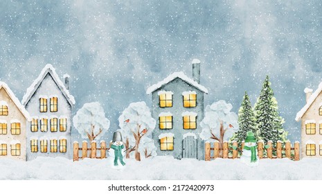 Seamless Pattern With Winter Christmas Street Village City With Trees And Snowmen On Snowy Background. Hand Drawn Watercolor Illustration.