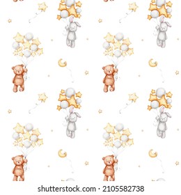 Seamless pattern wityh teddy bear, bunny and balloons watercolor hand drawn illustration; with white isolated background