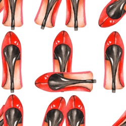A Seamless Pattern With The Women's Watercolor Hand-drawn Red Shoes On The Heels. Painted On A White Background.