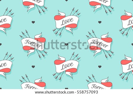 Seamless pattern with words Love and Forever for Valentine Day, Lovers Day or wedding. Hand drawn design in Love theme for wrapping paper, packaging, wallpaper, background. Illustration