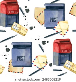 Seamless pattern. World Post Day. Blue mailbox, parcel, letters, stationery, ink. All items are hand painted with watercolors. Suitable for printing on fabric, paper, scrapbooking. - Powered by Shutterstock