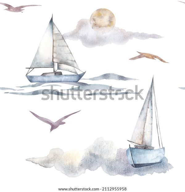 A\
seamless pattern of yachts hand drawn in watercolor isolated on a\
white background. Watercolor marine seamless\
pattern