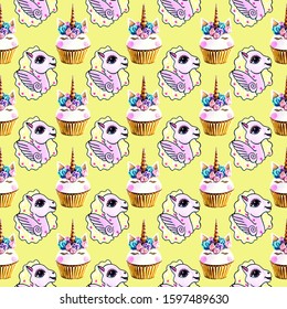seamless pattern yellow background pony cupcake