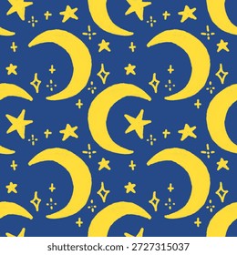 Seamless pattern of yellow crescent moons and stars on a blue background, creating a celestial-themed design.