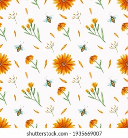 Seamless pattern with yellow flowers and bees. Watercolour illustration. Green color. Chamomile. Flowers. Nature. Cute. Summer. Spring. Print on the fabric. Texture. Background.