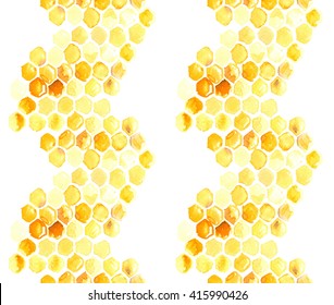 Seamless Pattern With Yellow Honeycomb Chevron Stripes Painted In Watercolor On White Isolated Background