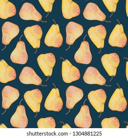 Seamless Pattern With Yellow Pear On Bluebackground. Fragrant Fruit. Watercolor  Illustration