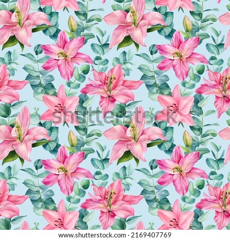Seamless patterns of lilies flowers and eucalyptus leaves on an isolated blue background. Watercolor floral