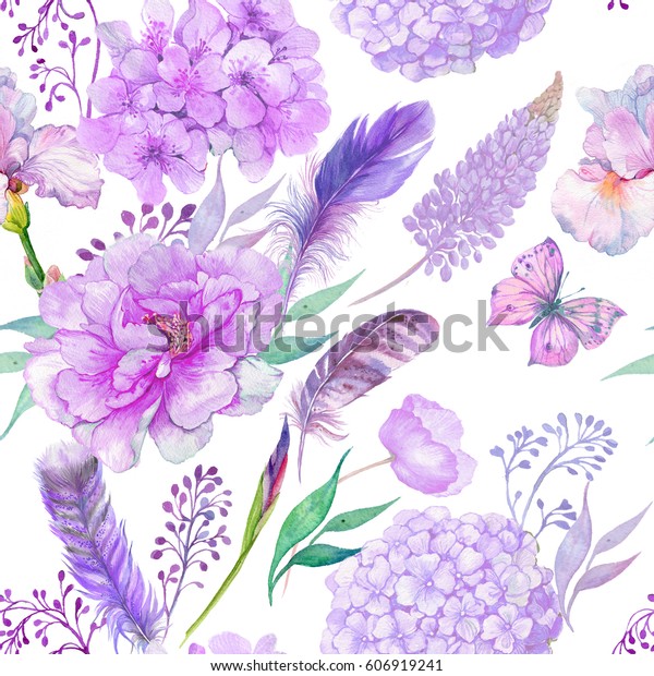 シームレスなパターン 水彩の花柄の背景 布地に印刷するパターン 壁紙 きれいな花の牡丹 アヤメ アヤメ 蝶 のイラスト素材