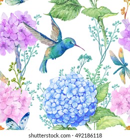 Seamless Pattern,watercolor Flowers, Butterflies And A Little Bird,Hummingbird,