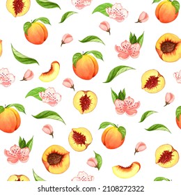 Seamless Peach Pattern With Fruits, Leaves, Flowers Background. Watercolor Peach Tree Seamless Background