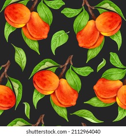 Seamless Peach Pattern With Fruits, Leaves, Flowers Background. Watercolor Peach Tree Seamless Background