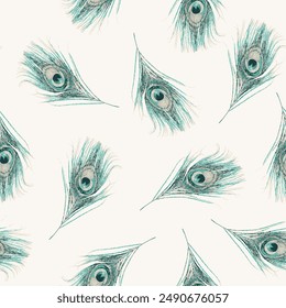 Seamless Peacock feather pattern with winter green peacock feather patterns cream background.