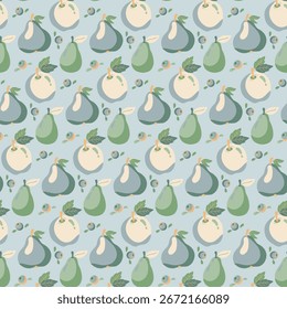Seamless pear and apple fruit pattern, flat vector, soft pastel, clean outline.