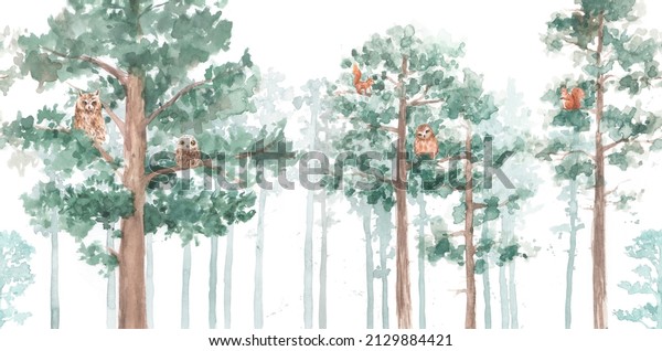 seamless pine forest watercolor illustration. owls and squirrels on the trees. wallpaper and mural art. 