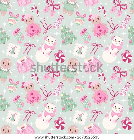 Seamless Pink Christmas Pattern with Gingerbread Cookies, Snowmen, Candy Canes and Festive Ornaments