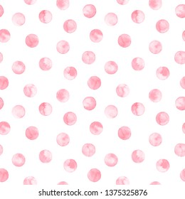 Seamless pink polka dot pattern isolated on white. Hand drawn watercolor illustration.