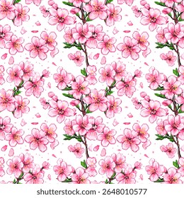 A seamless pixel art pattern featuring cherry blossom (sakura) flowers in soft pastel colors. The design includes scattered petals and blooming sakura flowers, arranged in a repeating 8-bit video game