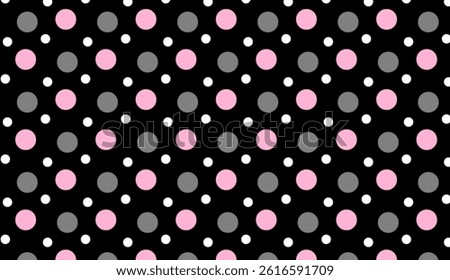 Seamless polka dot pattern with pink, grey and white dots on black background, perfect for fashion designs, backgrounds, wrapping paper and fabric prints